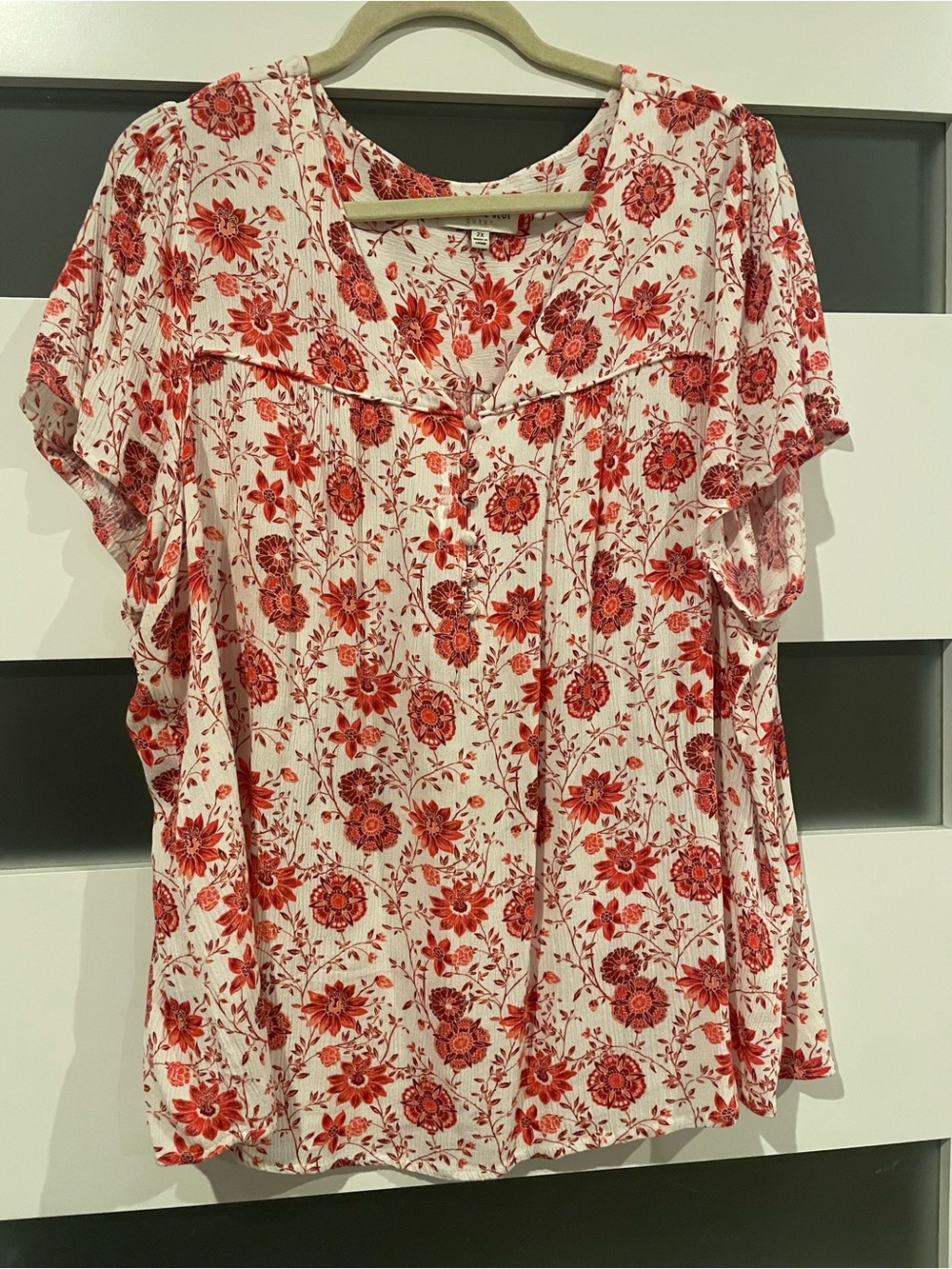 Skies Are Blue Curvy Floral Blouse in Red and White